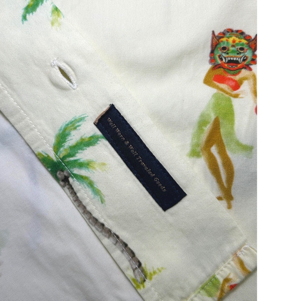 Roark Mens XL Cream Tropical Hula Mask Palm Tree Cotton Button Down Aloha Shirt - Picture 5 of 9